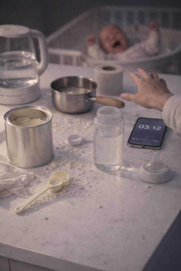 Loriava Taşınabilir Biberon Isıtıcısından Önce anne mama hazırlarken mutfakta dağınıklık içerisinde, arkada ise bebek ağlıyor.