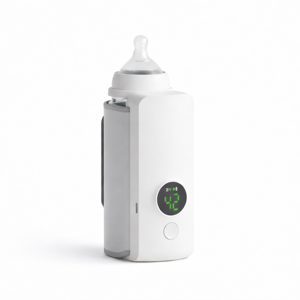 Loriava taşınabilir biberon ısıtıcısı, dijital sıcaklık ekranlı beyaz cihaz ve biberon.