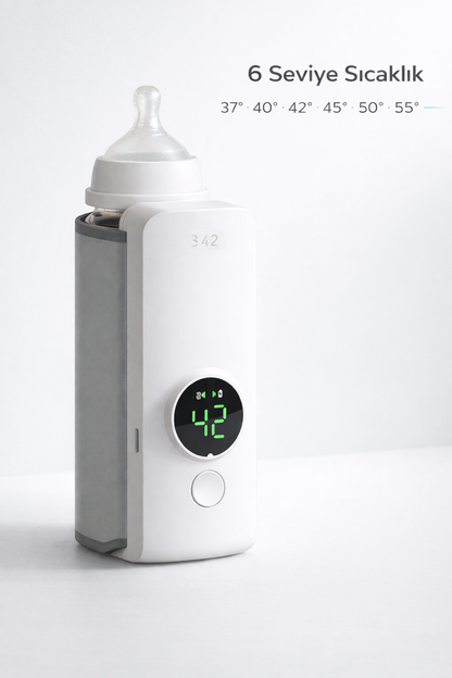 6 seviye sıcaklık ayarlı (37–55°C) dijital ekranlı taşınabilir biberon ısıtıcısı.