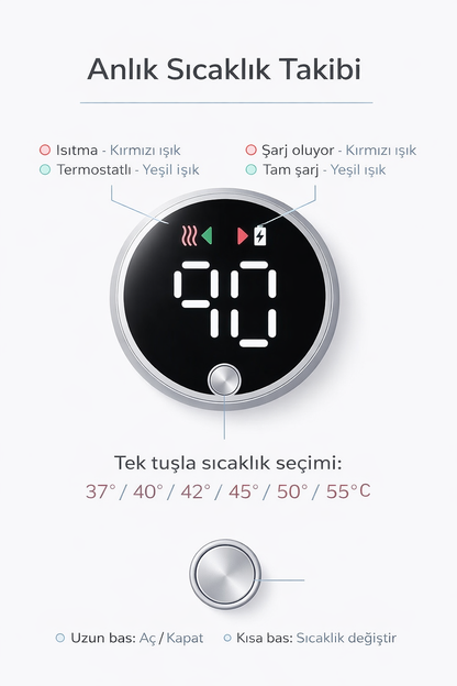 Loriava taşınabilir biberon ısıtıcısı anlık sıcaklık takibi ekranı; tek tuşla 37–55°C sıcaklık seçimi ve ışık göstergeleri infografiği.
