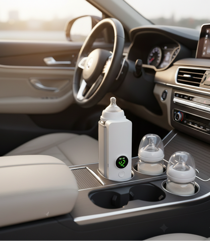 Arabada yolculuk sırasında Loriava taşınabilir biberon ısıtıcısı; araç içi bardaklıkta dijital ekranlı cihaz ve biberonlar.