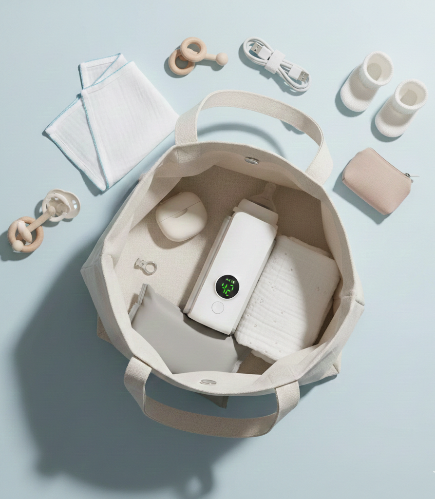 Bebek bakım çantasında Loriava taşınabilir biberon ısıtıcısı; anne bebek çantası içi düzen ve seyahat kullanım görseli.