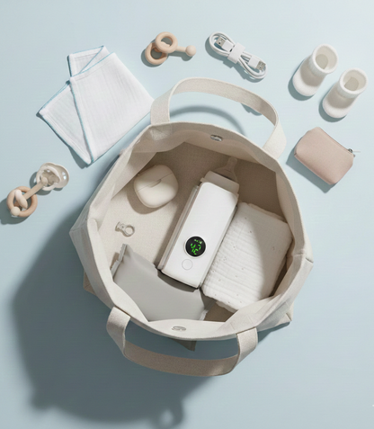 Bebek bakım çantasında Loriava taşınabilir biberon ısıtıcısı; anne bebek çantası içi düzen ve seyahat kullanım görseli.