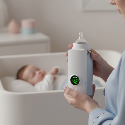 Bebek odasında bir ebeveynin elinde Loriava taşınabilir biberon ısıtıcısı; dijital ekranlı cihazla biberon ısıtma.