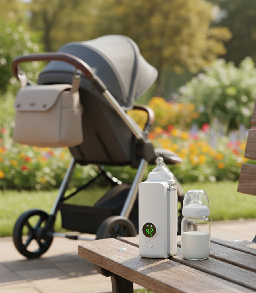 Parkta dışarıda kullanım için Loriava taşınabilir biberon ısıtıcısı; puset yanında biberon ve dijital ekranlı cihaz.