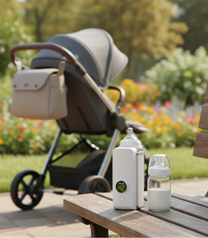 Parkta dışarıda kullanım için Loriava taşınabilir biberon ısıtıcısı; puset yanında biberon ve dijital ekranlı cihaz.