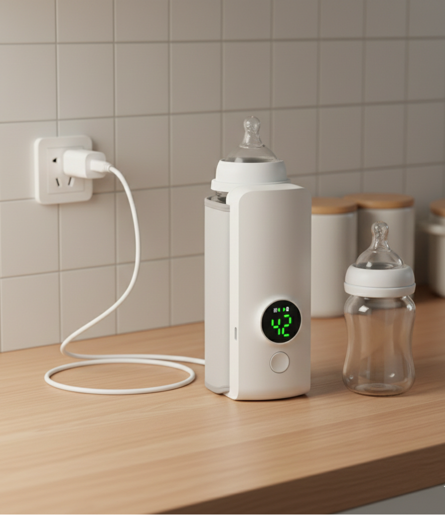 Mutfak tezgâhında priz kablosuyla kullanılan Loriava taşınabilir biberon ısıtıcısı; dijital ekranlı cihaz ve biberon.
