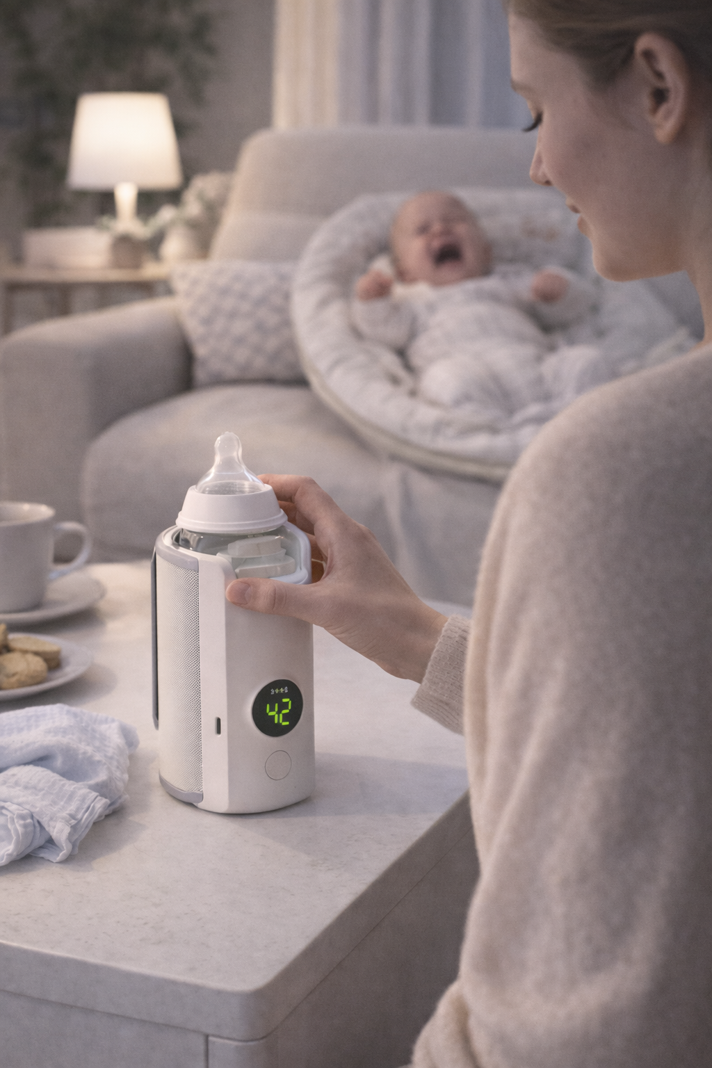 Evde bir ebeveynin Loriava taşınabilir biberon ısıtıcısını kullandığı sahne; dijital ekranlı cihazla biberon ısıtma.