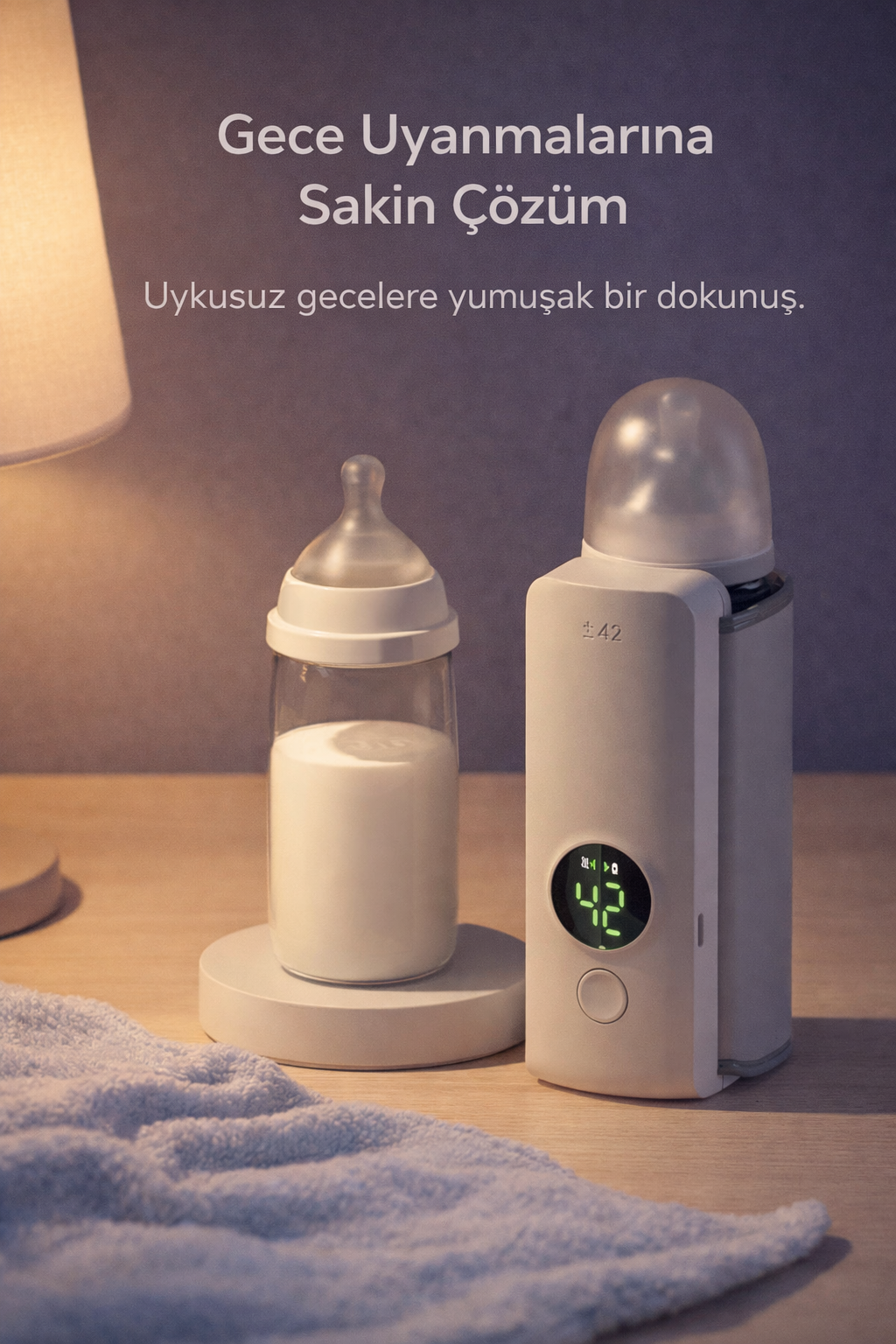 Gece mama hazırlığı için Loriava taşınabilir biberon ısıtıcısı; dijital ekranlı cihaz ve biberonla gece kullanım sahnesi.