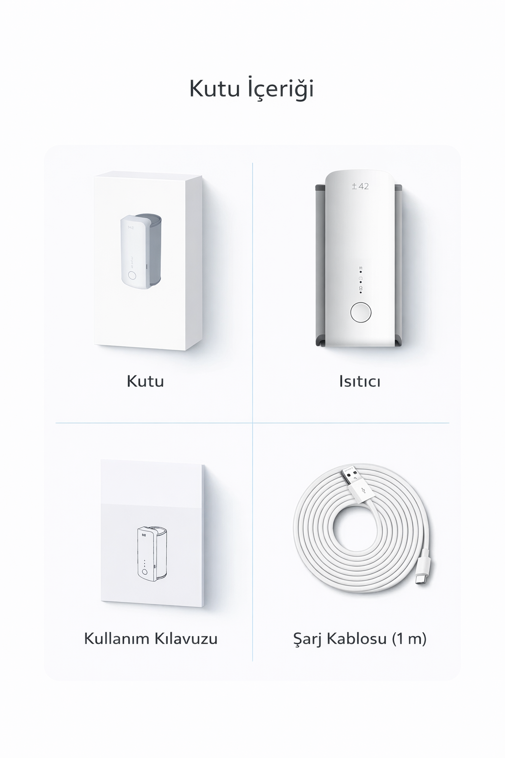 Loriava taşınabilir biberon ısıtıcısı kutu içeriği: kutu, ısıtıcı cihaz, kullanım kılavuzu ve 1 m şarj kablosu.