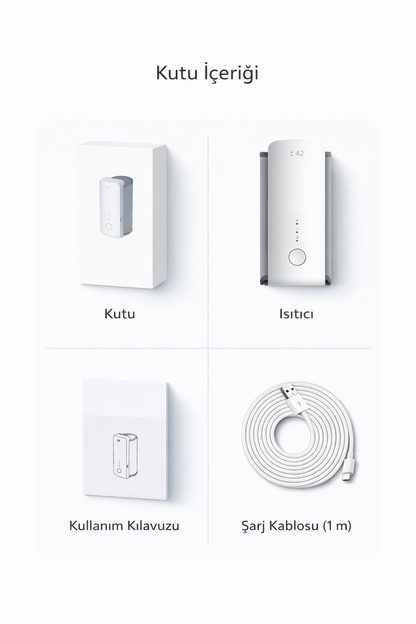 Loriava taşınabilir biberon ısıtıcısı kutu içeriği: kutu, ısıtıcı cihaz, kullanım kılavuzu ve 1 m şarj kablosu.